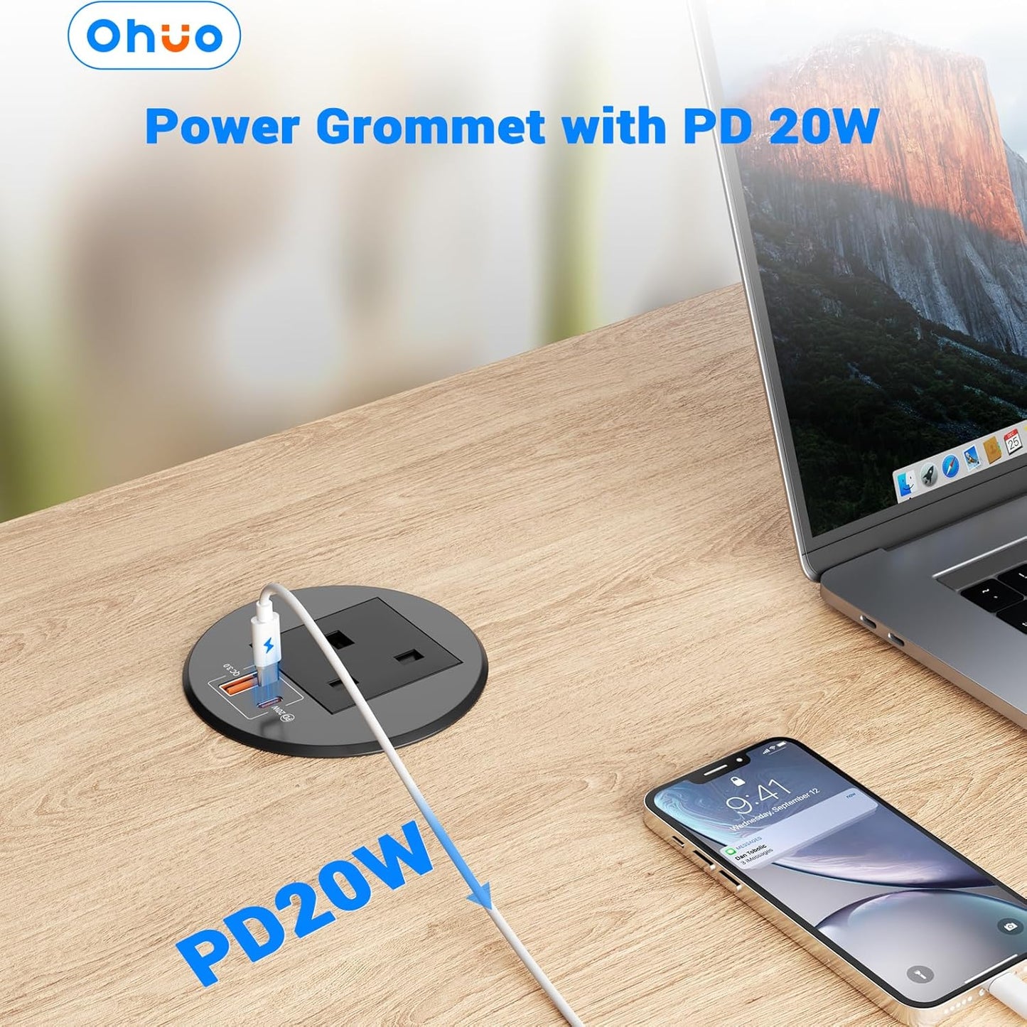 Desktop Power Strip with USB C PD 20W, Ohuo Desk Grommet Power Socket 80mm with 2 USB Ports Hidden Desk Power Socket with 1.8m/6ft Cable, Black