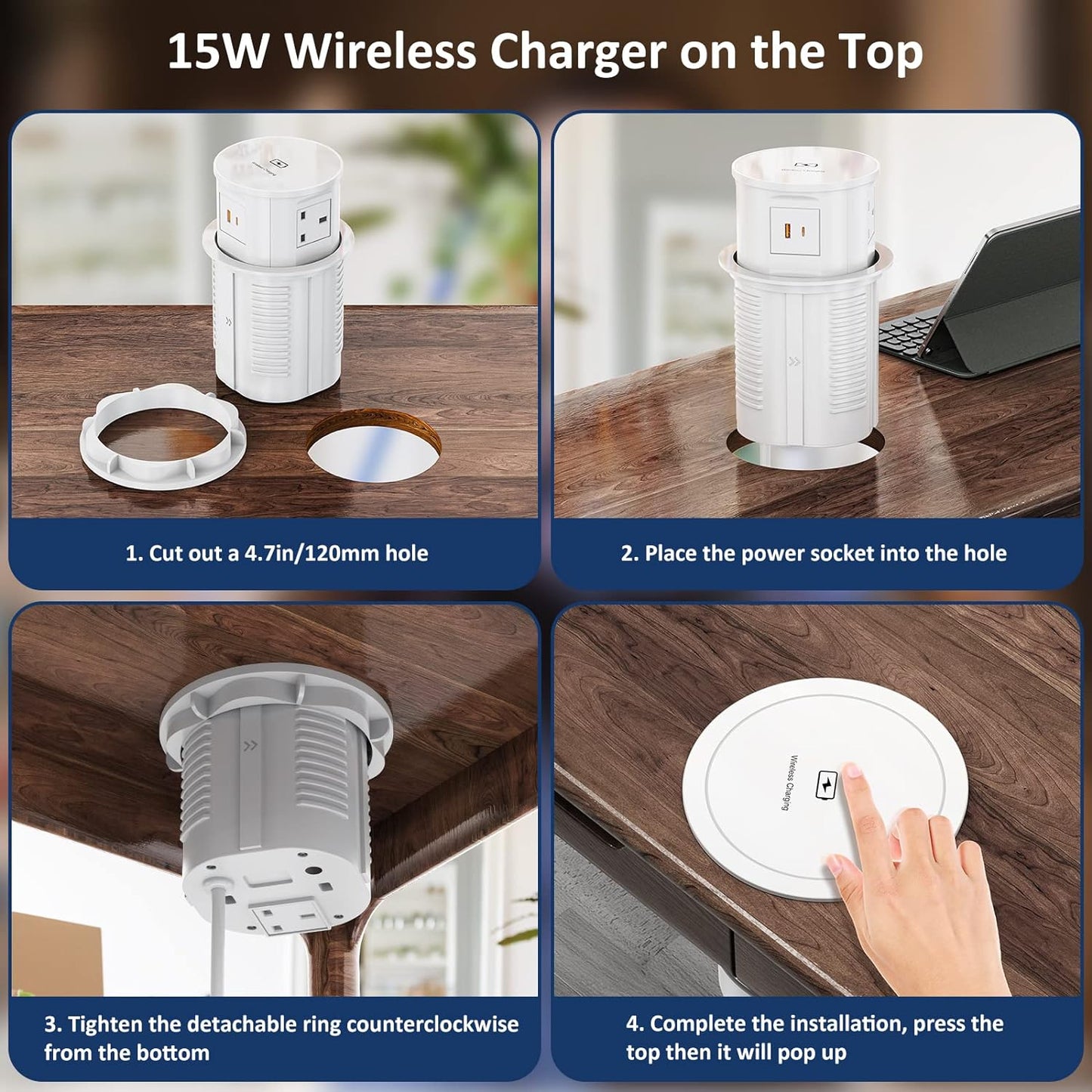 4 Outlets Pop up Socket for Kitchen Worktops, Ohuo Hidden Recessed Power Socket with Wireless Charger, 4 UK Plug, USB-C, 2m Cable