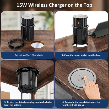 4 Outlets Pop up Socket for Kitchen Worktops, Ohuo Hidden Recessed Power Socket with Wireless Charger, 4 UK Plug, USB-C, 2m Cable