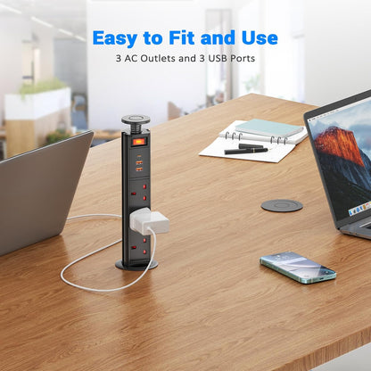 Pull up Power Strip 3 Way with USB C PD 20W and Switch, Ohuo Pull up Power Sockets with 3 USB Ports, Black