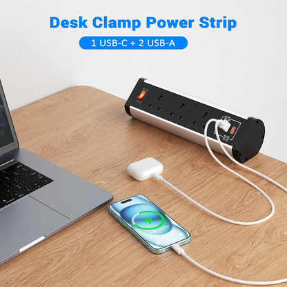 Desk Power Sockets USB C PD 20W, Ohuo Desktop Power Strip Extension Lead 3 Way with 3 USB Slots and Switch, 2m Cable