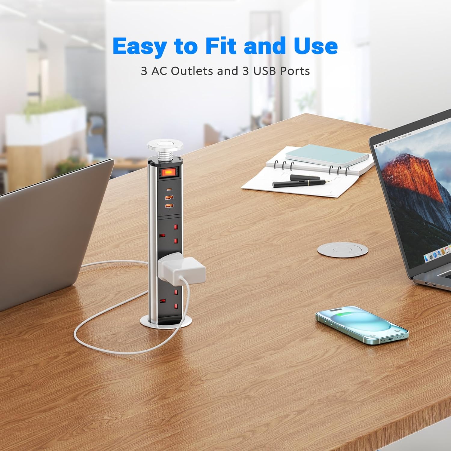 Pull up Power Strip with Switch, Ohuo Pull up Power Sockets with USB C PD 20W and 2 USB-A Ports, 60MM Silver