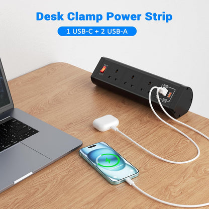 Desk Power Socket 3 Way Extension Lead USB C 20W, Ohuo Desktop Power Strip with 3 USB Ports and Switch, Black