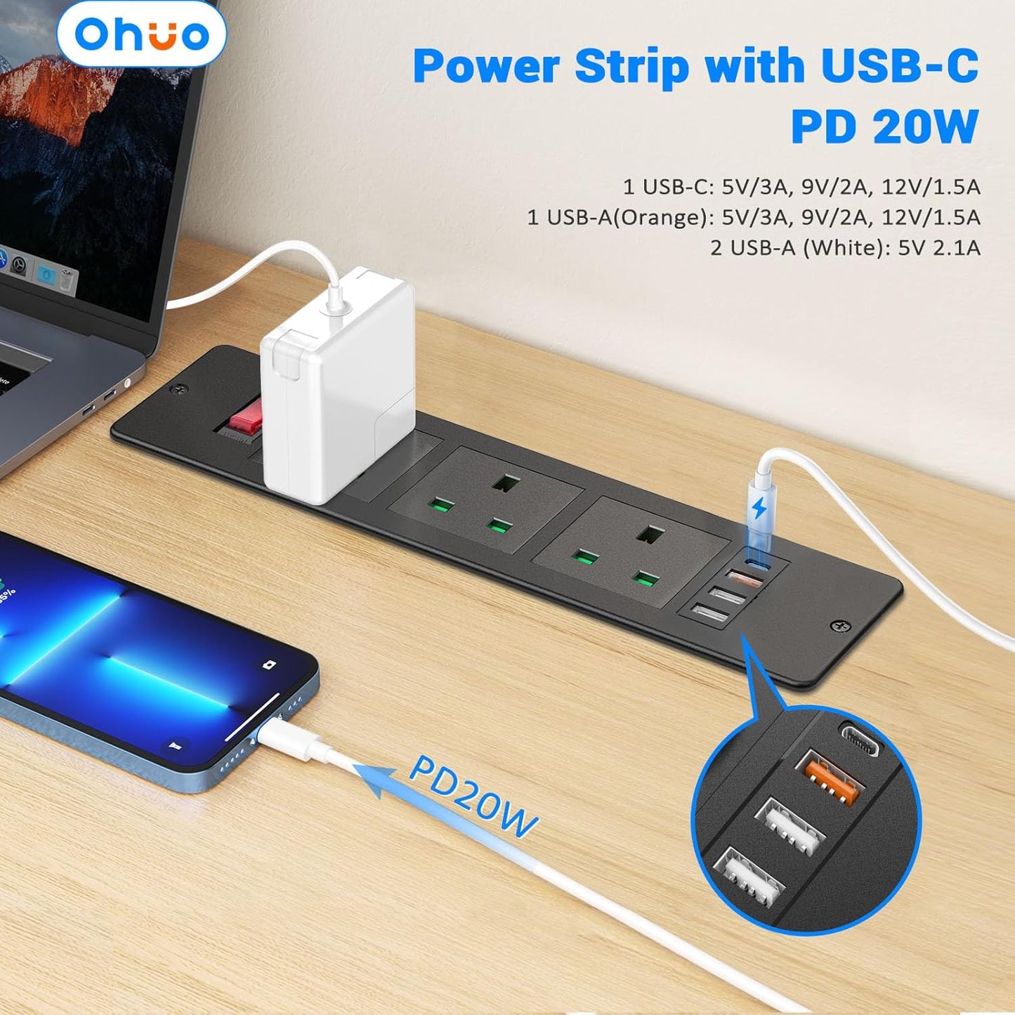 Power Strip 3 Way with USB C PD 20W, Ohuo Recessed Power Strip with 1 USB C, 3 USB-A Ports, Desktop Power Socket USB C with Power Switch