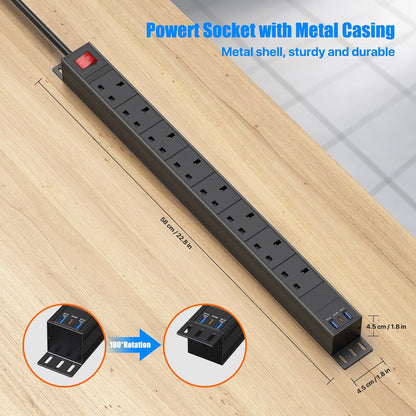 8 Way Power Strip Extension Lead USB C PD 20W, Ohuo Surge Protected Power Socket Extension with USB C and 2 USB-A Ports, Metal Casing