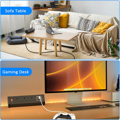 Desk Power Socket 3 Way Extension Lead USB C 20W, Ohuo Desktop Power Strip with 3 USB Ports and Switch, Black