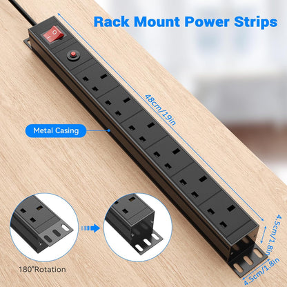 6 Way Extension Lead Surge Protection, Ohuo Rack Mount Power Strip 6 Sockets with Overload Protection Workshop Power Sockets with Switch, 2m Cable